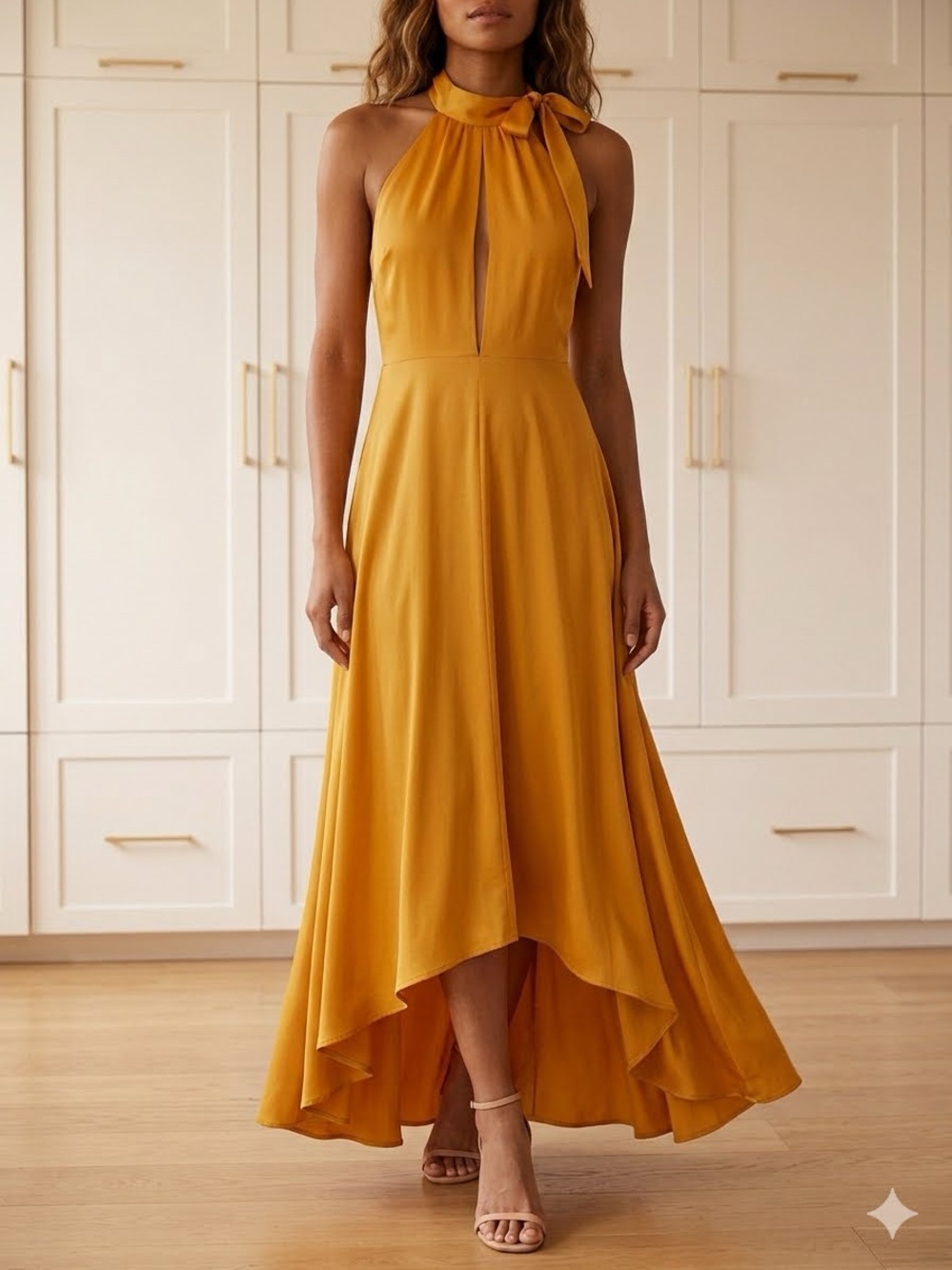 H&M Mustard Halter High-Low Dress with Neck Tie